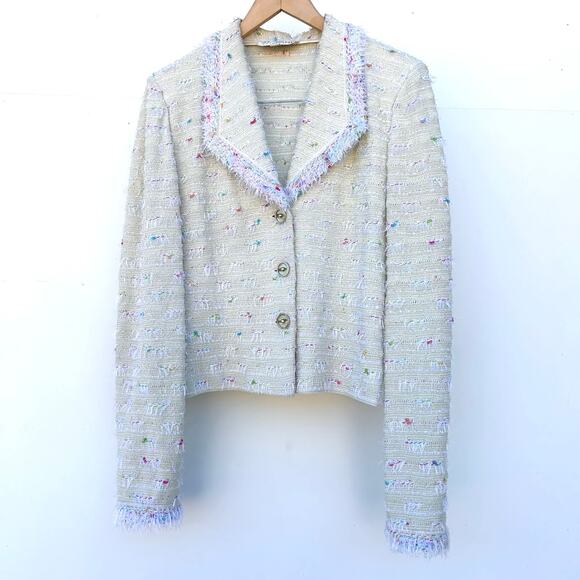 Vintage St. John Boucle Confetti Yarn Eyelash Fringe Green Tweed Knit Blazer 12 - Picture 1 of 13